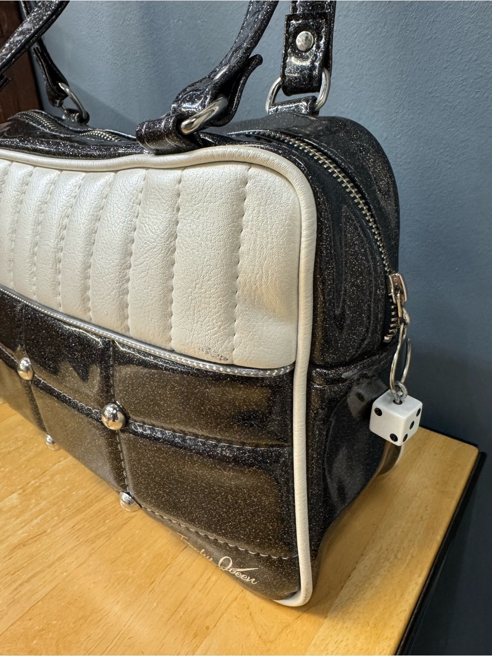 Trophy Queen Custom Lincoln Handbag- Charcoal flake with Pearl Tuck N Roll Yoke - Picture 2 of 11